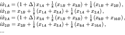 \begin{displaymath}
\begin{array}{l}
i\dot {x}_{1A} = \left( {1 + \Delta} \righ...
...}}}\left( {x_{9A} + x_{10A}} \right), \\
... \\
\end{array}\end{displaymath}