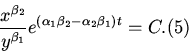 \begin{displaymath}
\frac{{x^{\beta _2 } }}{{y^{\beta _1 } }}e^{(\alpha _1 \beta _2
- \alpha _2 \beta _1 )t} = C . \eqno{(5)}
\end{displaymath}